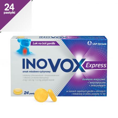 Inovox Express, pastylki twarde smak miodowo-cytrynowy, 24 szt. + Bez recepty | Przeciwbólowe | Ból gardła ++ Us Pharmacia