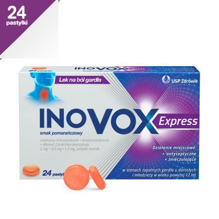 Inovox Express, pastylki twarde smak pomarańczowy, 24 szt. + Bez recepty | Przeziębienie i grypa | Ból gardła i chrypka ++ Us Pharmacia