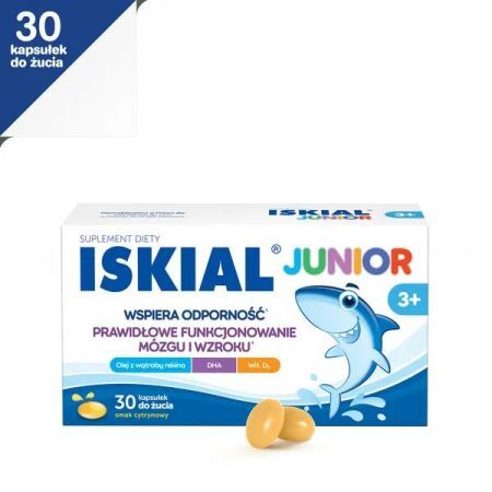 Iskial Junior, kapsułki do żucia smak cytrynowy powyżej 3 roku, 30 szt. + Bez recepty | Odporność | Tran i olej z wątroby rekina ++ Us Pharmacia