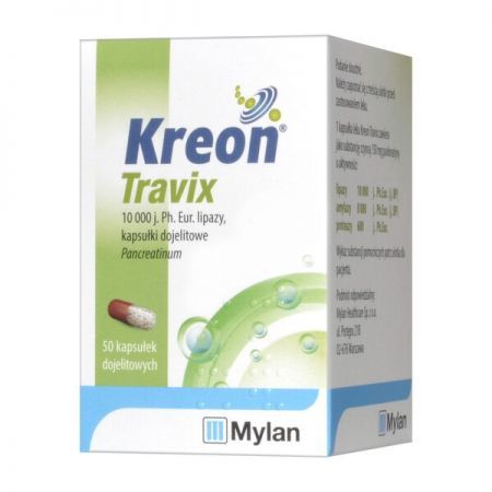 Kreon Travix 10 000, 150 mg kapsułki dojelitowe, 50 szt + Bez recepty | Przewód pokarmowy i trawienie | Niestrawność ++ Abbott