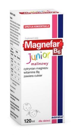 Magnefar B6 Junior, syrop malinowy od 3 roku życia, 120 ml DATA WAŻNOŚCI 31.03.2024r. + Bez recepty | Witaminy i minerały | Magnez i potas ++ Biofarm