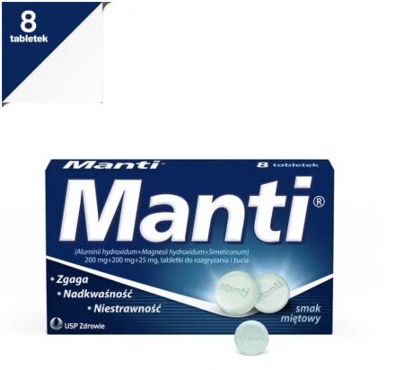 Manti, tabletki do rozgryzania żucia miętowe, 8 szt. + Bez recepty | Przewód pokarmowy i trawienie | Nadkwaśność i zgaga ++ Us Pharmacia