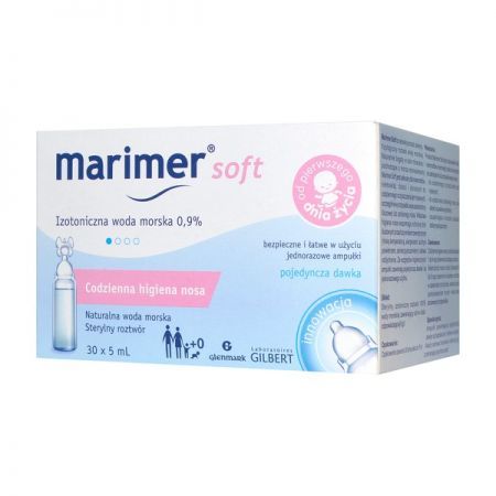 Marimer Soft, izotoniczna woda morska 0,9%, 5 ml x 30 ampułek + Bez recepty | Przeziębienie i grypa | Katar i zapalenie zatok ++ Glenmark