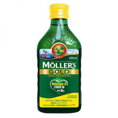 Mollers Gold Tran Norweski, płyn o smaku cytrynowym, 250 ml + Bez recepty | Odporność | Tran i olej z wątroby rekina ++ Orkla