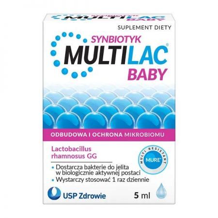 Multilac Baby, krople synbiotyk (probiotyk+prebiotyk), 5 ml + Bez recepty | Przewód pokarmowy i trawienie | Probiotyki ++ Us Pharmacia
