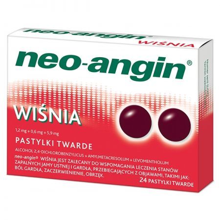 Neo-Angin, pastylki twarde smak wiśniowy, 24 szt + Bez recepty | Przeziębienie i grypa | Ból gardła i chrypka ++ Klosterfrau