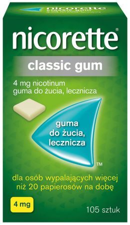 Nicorette Classic, 4 mg lecznicza guma do żucia, 105 szt + Bez recepty | Rzucenie palenia ++ Johnson &amp; Johnson
