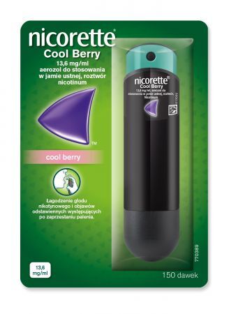 Nicorette Spray Cool Berry, 13,6 mg/ml aerozol do stosowania w jamie ustnej, 1 dozownik (150 dawek) + Bez recepty | Rzucenie palenia ++ Johnson &amp; Johnson