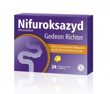 Nifuroksazyd Gedeon Richter, 100 mg tabletki powlekane, 24 szt. + Bez recepty | Przewód pokarmowy i trawienie | Biegunka ++ Gedeon Richter
