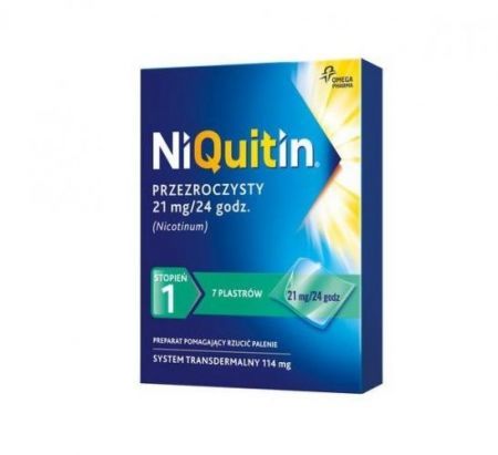 Niquitin przezroczysty 1 stopień, 21 mg/24 h system transdermalny 114 mg plastry, 7 szt. + Bez recepty | Rzucenie palenia ++ Omega Pharma