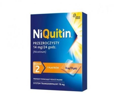 Niquitin przezroczysty 2 stopień, 14 mg/24 h system transdermalny 78 mg plastry, 7 szt. + Bez recepty | Rzucenie palenia ++ Omega Pharma