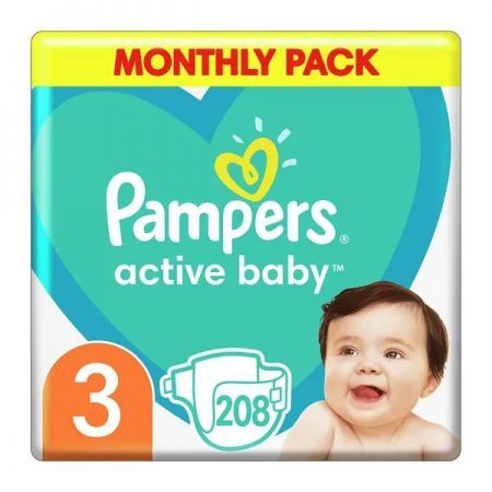 Pampers Active Baby 3, pieluchy dla dzieci (6-10 kg), 208 szt. + Mama i dziecko | Akcesoria dla dziecka | Pieluszki, podkłady, chusteczki ++ Procter &amp; Gamble
