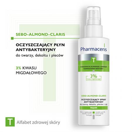 Pharmaceris T Sebo-Almond-Claris, oczyszczający płyn bakteriostatyczny 3% kwasu migdałowego, 190 ml + Kosmetyki i dermokosmetyki | Problemy skórne | Trądzik ++ Laboratorium Kosmetyczne Dr Irena Eris