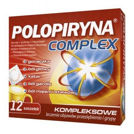 Polopiryna Complex, proszek w saszetkach, 12 szt + Bez recepty | Przeziębienie i grypa | Gorączka ++ Polpharma