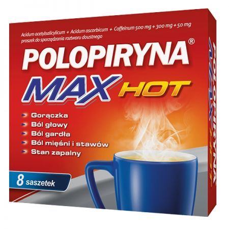 Polopiryna Max Hot, proszek, 8 saszetek + Bez recepty | Przeziębienie i grypa | Preparaty wieloskładnikowe ++ Polpharma