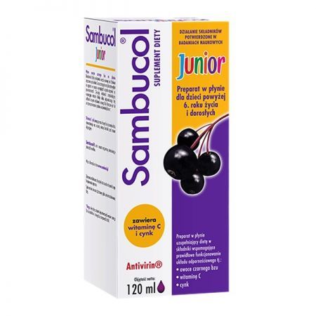 Sambucol Junior, płyn, 120 ml + Bez recepty | Przeziębienie i grypa | Preparaty wspomagające ++ Adamed