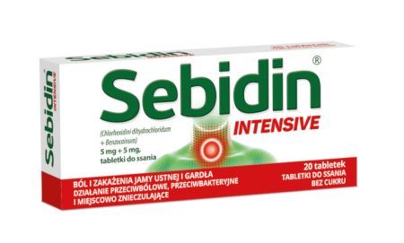 Sebidin Intensive, 5 mg + 5 mg tabletki do ssania, 20 szt. + Bez recepty | Przeciwbólowe | Ból gardła ++ Omega Pharma