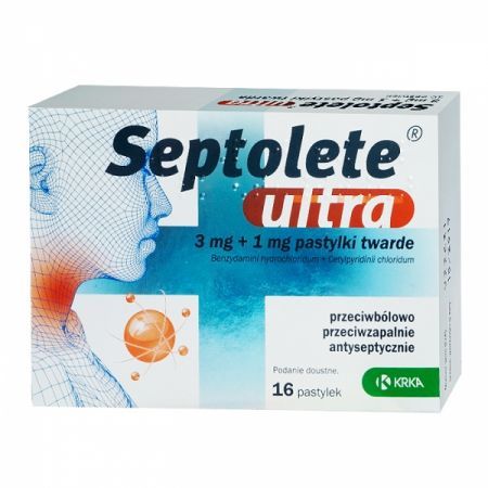 Septolete Ultra, 3 mg+1 mg pastylki twarde, 16 szt. + Bez recepty | Przeziębienie i grypa | Ból gardła i chrypka ++ Krka