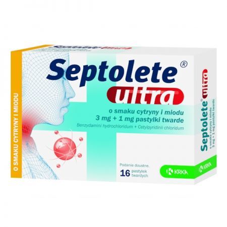 Septolete Ultra, 3 mg+1 mg smak cytryny i miodu pastylki twarde, 16 szt. + Bez recepty | Przeziębienie i grypa | Ból gardła i chrypka ++ Krka