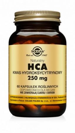 SOLGAR, HCA Naturalny Kwas Hydroksycytrynowy 250 mg, 60 kapsułek + Bez recepty | Odchudzanie i oczyszczanie organizmu | Redukcja apetytu ++ Solgar