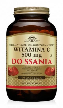 SOLGAR, Witamina C 500 mg o smaku żurawinowo-malinowym, 90 pastylek + Bez recepty | Witaminy i minerały | Witamina C ++ Solgar Polska
