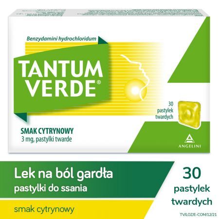 Tantum Verde, 3 mg pastylki o smaku cytrynowym, 30 szt. + Bez recepty | Przeciwbólowe | Ból gardła ++ Angelini
