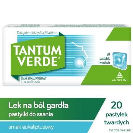 Tantum Verde, 3 mg pastylki smak eukaliptusowy, 20 szt. + Bez recepty | Przeciwbólowe | Ból gardła ++ Angelini