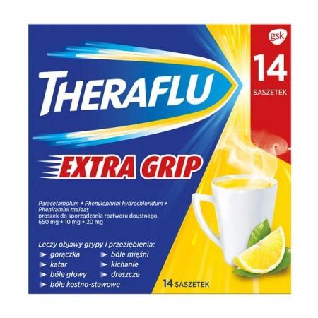 Theraflu ExtraGRIP, 650mg+10mg+20mg proszek w saszetkach do sporządzania roztworów doustnych, 14 szt. + Bez recepty | Przeziębienie i grypa | Preparaty wieloskładnikowe ++ Novartis