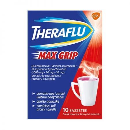 Theraflu Max Grip, 1000mg+70mg+10mg proszek do sporządzania roztworu doustnego w saszetkach, 10 szt. + Bez recepty | Przeziębienie i grypa | Preparaty wieloskładnikowe ++ Glaxosmithkline