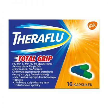 Theraflu Total Grip, kapsułki twarde, 16 szt. + Bez recepty | Przeziębienie i grypa | Preparaty wieloskładnikowe ++ Glaxosmithkline