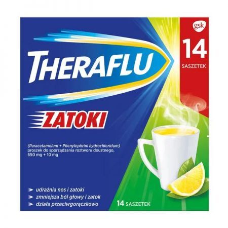 Theraflu Zatoki, 650 mg+10 mg proszek do sporządzenia roztworu doustnego, 14 saszetek + Bez recepty | Przeziębienie i grypa | Katar i zapalenie zatok ++ Novartis