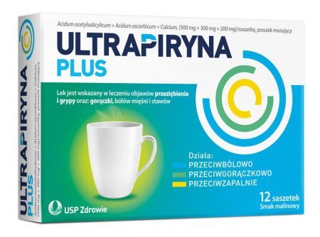 Ultrapiryna Plus, saszetki smak malinowy, 12 szt + Bez recepty | Przeziębienie i grypa | Gorączka ++ Us Pharmacia