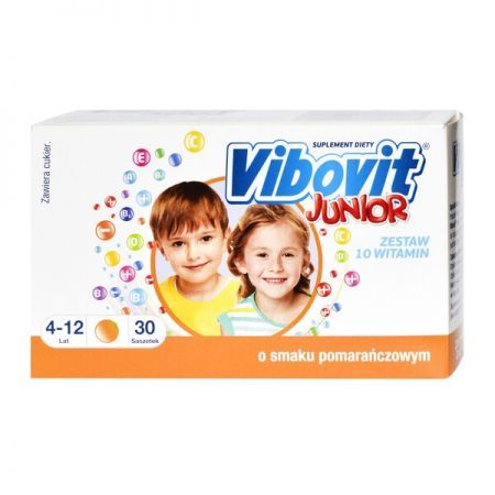 Vibovit Junior, proszek smak pomarańczowy, 2 g x 30 saszetek + Bez recepty | Witaminy i minerały | Dla dzieci ++ Teva