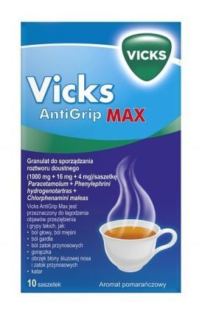 Vicks AntiGrip Max (SymptoMed Max), granulki do sporządzania roztworu doustnego, 10 saszetek + Bez recepty | Przeziębienie i grypa | Preparaty wieloskładnikowe ++ Wick Pharma