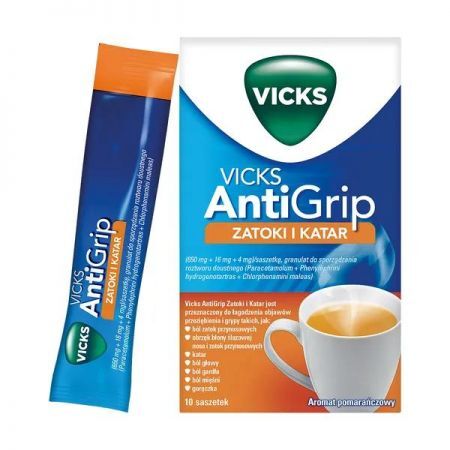 Vicks Antigrip Zatoki i Katar (SymptoMed), granulki do sporządzania roztworu, 10 sasz + Bez recepty | Przeziębienie i grypa | Katar i zapalenie zatok ++ Wick Pharma
