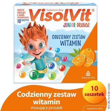 Visolvit Junior Orange, saszetki z proszkiem musującym, 10 szt. + Bez recepty | Witaminy i minerały | Dla dzieci ++ Angelini