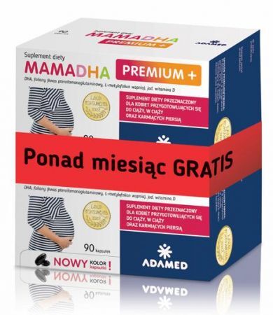 Zestaw promocyjny MamaDHA Premium+, kapsułki, 90 szt + 90 szt. GRATIS + Bez recepty | Witaminy i minerały | W ciąży i podczas karmienia ++ Adamed